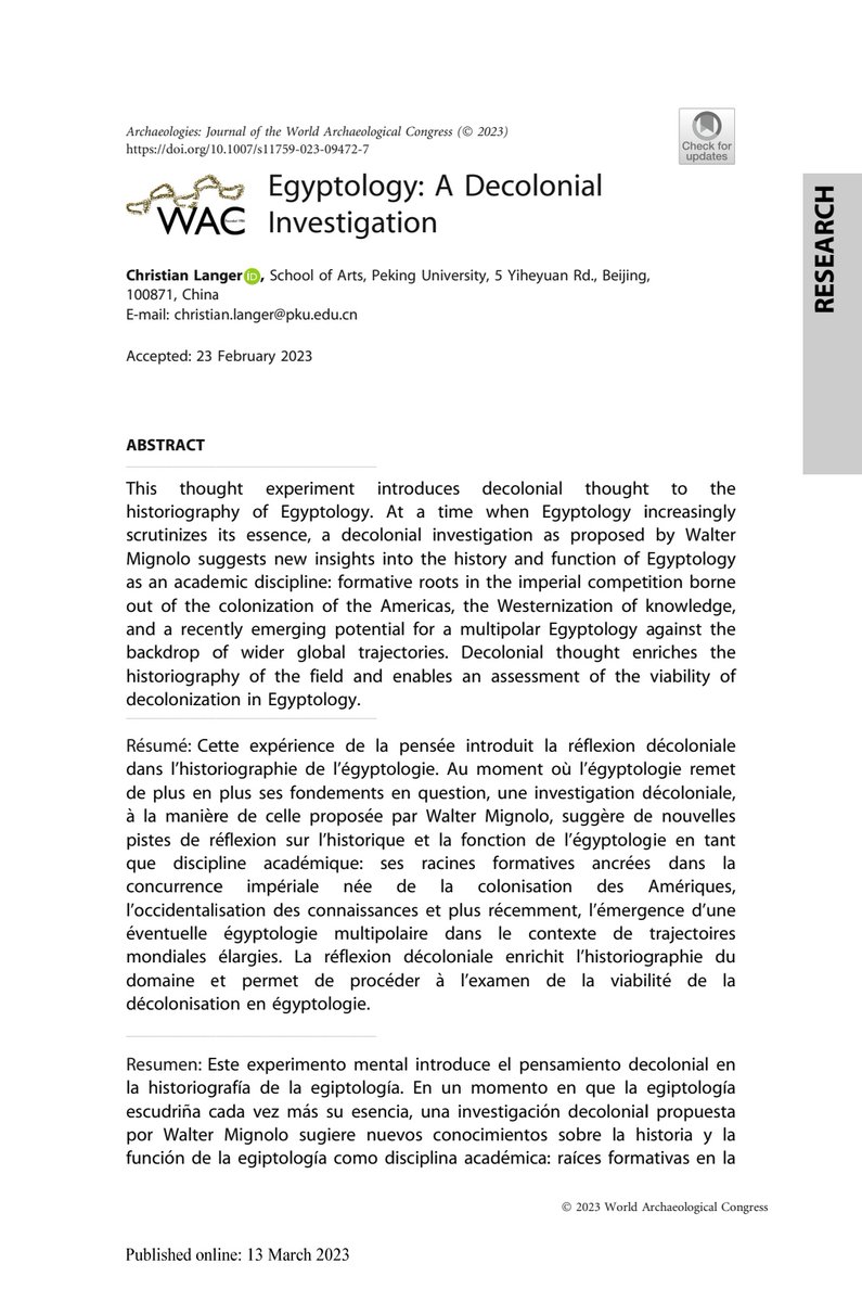 langer_chris's tweet photo. Next from the #Archaeologies special issue co-edited with @uroshmatic, is my own paper, a #decolonial investigation of #Egyptology inspired by the works of @wmignolo. #decoloniality #decolonization #archaeology #waltermignolo @SpringerNature https://t.co/W5KW65Cxwh https://t.co/aJNq9Hcsfe