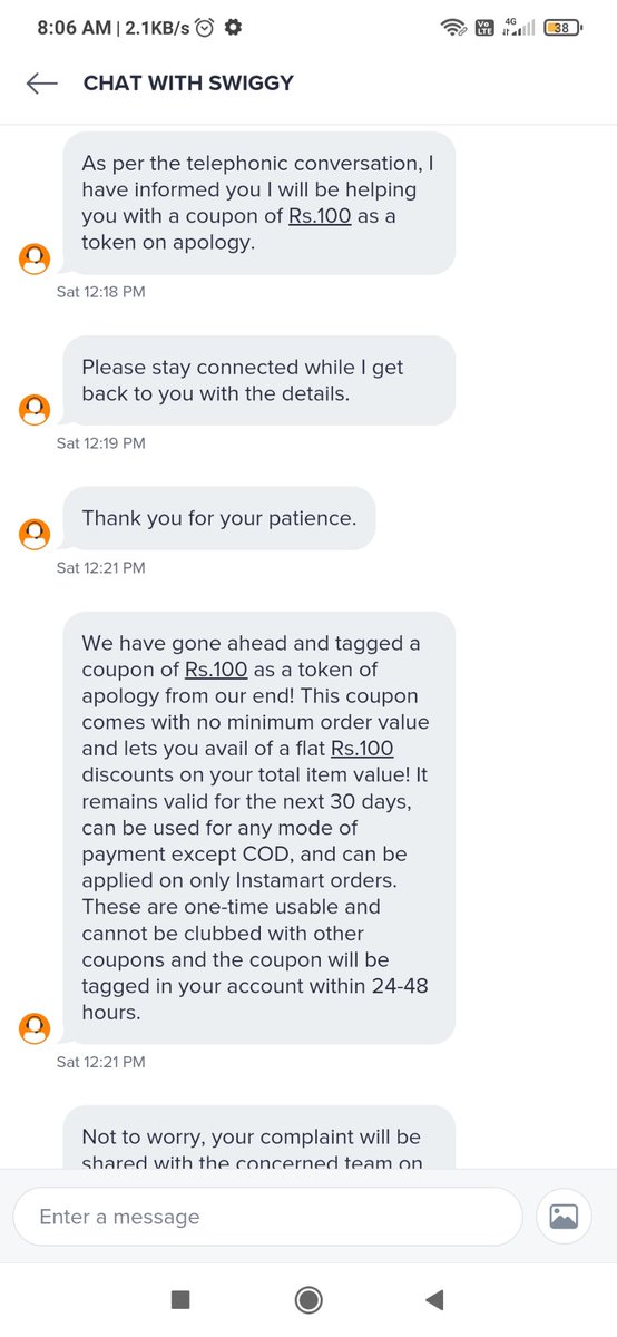 saini247's tweet photo. Using it 4m last 8 yrs, but grocery Instamart exp. is https://t.co/BZUcyXVYcp CC service,wrong commitment multiple times. One team confirmed refund, another says "No".4m last 1 month waiting for my refund. But no luck. @Swiggy @SwiggyCares @harshamjty @jagograhakjago 
Pls help https://t.co/GKu4qljCpX