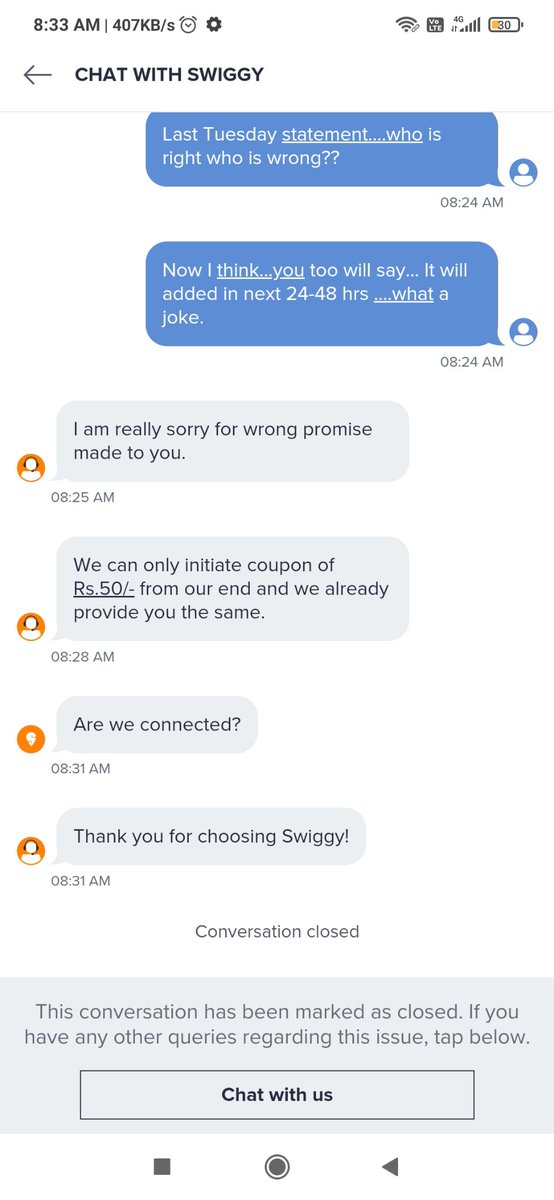 saini247's tweet photo. Using it 4m last 8 yrs, but grocery Instamart exp. is https://t.co/BZUcyXVYcp CC service,wrong commitment multiple times. One team confirmed refund, another says "No".4m last 1 month waiting for my refund. But no luck. @Swiggy @SwiggyCares @harshamjty @jagograhakjago 
Pls help https://t.co/GKu4qljCpX