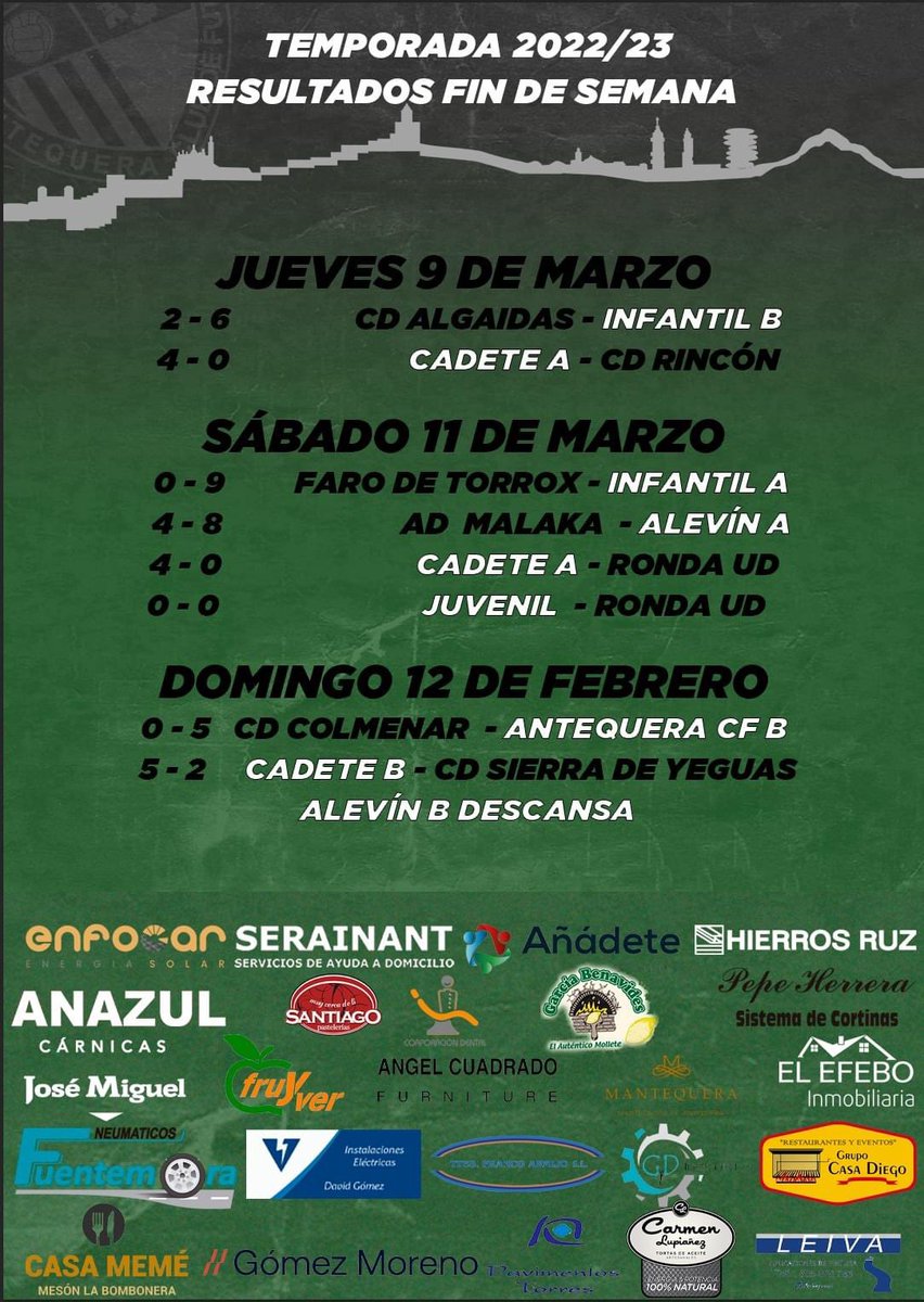 CanteraATQCF's tweet photo. Resultados de nuestros equipos este fin de semana.
#CanteraAntequeraCF 
#SomosAntequera https://t.co/Kq8sKbrQ0O