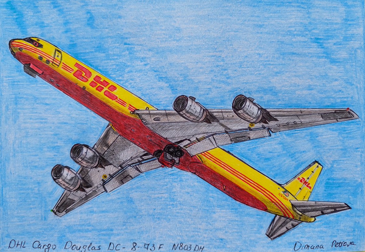 AircraftBy's tweet photo. My drawing of @DHLUS Douglas DC-8-73F N803DH take off 💛❤️
#DHL #DHLCargo #DHLUS #DHLAmerica #DC8 #DouglasDC8 #vintage #oldplane #drawing #aviation #artist #cargoplane #cargoairline #freighter #takeoff https://t.co/jei945XKwI