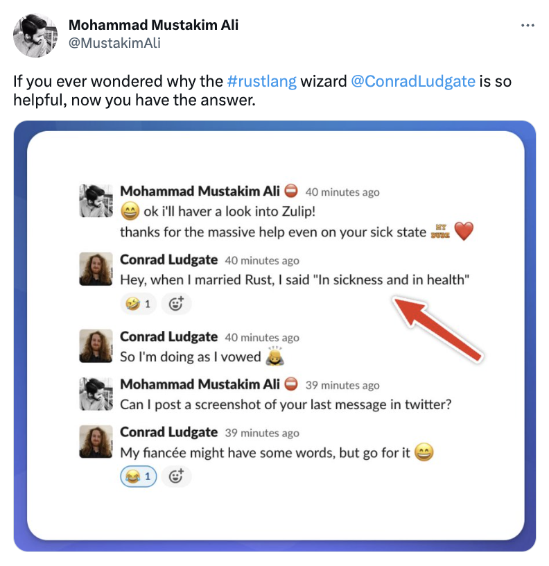 TrueLayer's tweet photo. 🤔 Got a question? Comment below and @ConradLudgate will be more than happy to help🧙‍♂️

His dedication to the #rustlang community is summed up perfectly by colleague and fellow engineer @MustakimAli😁 

#softwareengineering https://t.co/YJX5jz4EGB