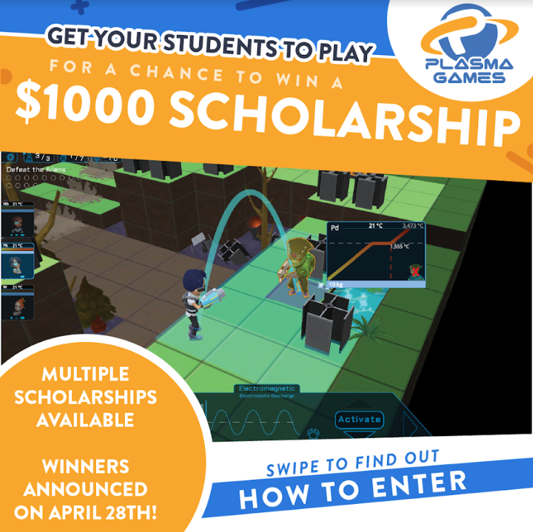 playplasmagames's tweet photo. Play a video game, win a scholarship! Swipe for more information on how to qualify for a chance to win $1000 a dollar scholarship.  Enter by April 14th! @WCPSS  , @GastonSchools , @HarnettCoSchool , @PCS_NC , @ecpps , @BurkeCoSchools https://t.co/Stqju4E05Y