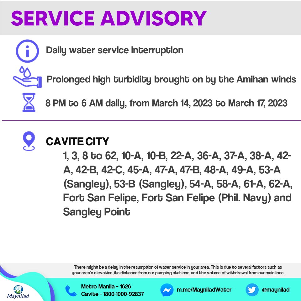 maynilad's tweet photo. Our customers in portions of Bacoor City, Cavite City, Imus City, Las Piñas City, Muntinlupa City, Parañaque City, Noveleta, Cavite and Rosario, Cavite will have water service interruption daily starting March 14, 2023 until March 17, 2023, <1/5> https://t.co/DWdptgwy4n