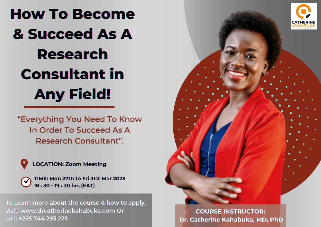 CremesMresearch's tweet photo. Do you wish to develop a successful career as a research consultant but unsure how to achieve this?

Dr. Catherine Kahabuka have put together a course to assist you based on lessons she acquired from her more than 10 years' experience of working.
#research
#cosultancy #courses https://t.co/N3xeNDDrL9