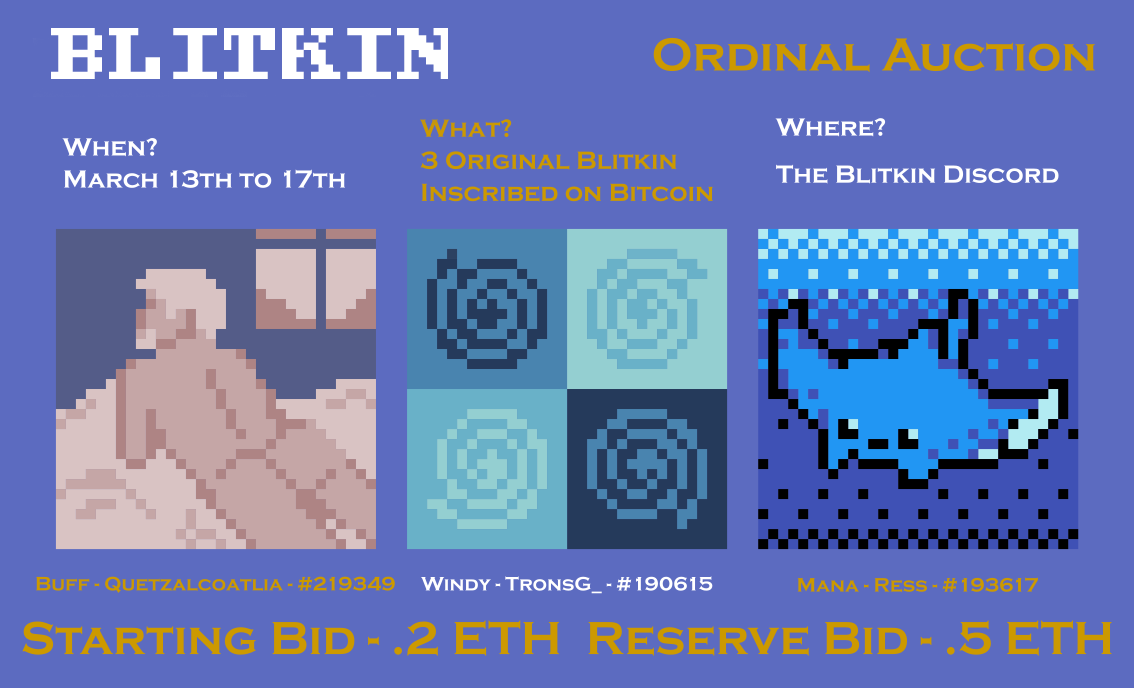 Blitkin_Project's tweet photo. We are launching an auction for THREE Ordinal #Blitkin in nine hours. That's 9PM GMT, 5PM EST, 2PM PT.
Come to the Blitkin Discord for the launch, initial bids and a special announcement. The auction will conclude at the same time on Friday the 17th. https://t.co/wmGsRth2df