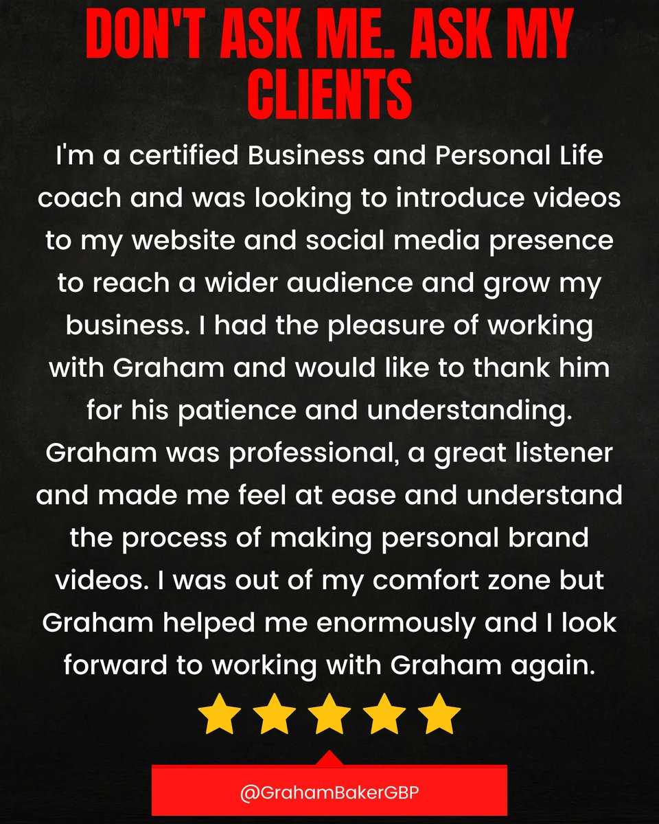 Don't ask me. Ask my clients.

'Graham was professional, a great listener and made me feel at ease and understand the process of making personal brand videos. I was out of my comfort zone,  but Graham helped me enormously.  

#Testimonial #BusinessVideo #MHHSBD #SmartSocial