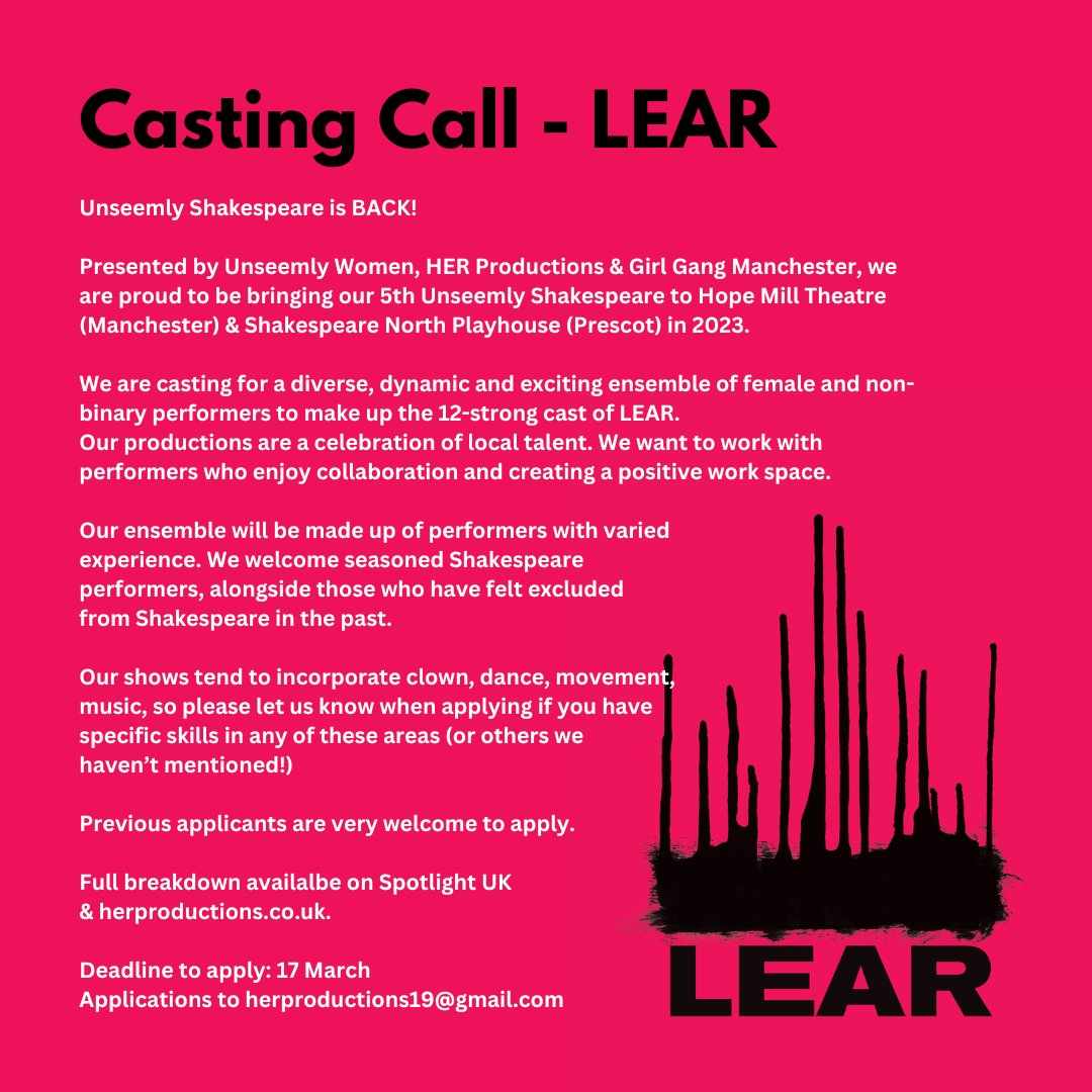 🚨 CASTING CALL - LEAR 🚨 

We are casting for a Manchester-based, diverse, dynamic &amp; exciting ensemble of female &amp; non-binary performers to make up the 12-strong cast of LEAR. 

Breakdown available
✅ <a href="/SpotlightUK/">Spotlight</a>
✅ HER Casting Page ⬇️  

herproductions.co.uk/blog/lear-cast…