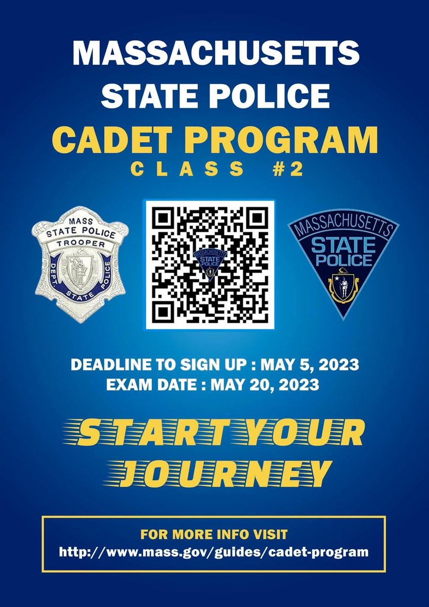 MassStatePolice's tweet photo. Are you ready to make a difference?
#mspcadets #msptogetherwecan #startyourjourney https://t.co/1ZBlZiBVbN