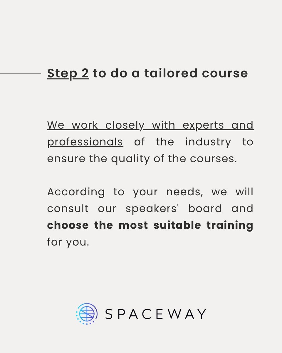 wearespaceway's tweet photo. Are you looking for a specific #spacecourse for your company or want to specialise your knowledge on a topic?

We've got you covered! Spaceway also does #tailoredcourses and we make sure to cover everything you expect. 

To know more, contact us to academy@wearespaceway.com https://t.co/SpYO4tKrxX