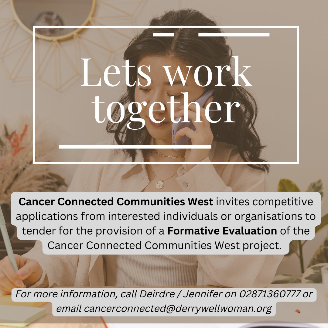 Cancer Connected Communities West (@cancerconnected) on Twitter photo 📢We are looking for a Project Evaluator📢
For more information call 02871360777 or email cancerconnected@derrywellwoman.org and we will send you the Tender Application Pack. 📢We are looking for a Project Evaluator📢
For more information call 02871360777 or email cancerconnected@derrywellwoman.org and we will send you the Tender Application Pack.