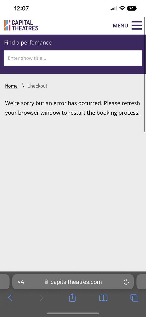 nichaela__'s tweet photo. @captheatres Ive been getting the following error even with refreshing every 30 seconds for the past hour… https://t.co/cMucDy0PWa