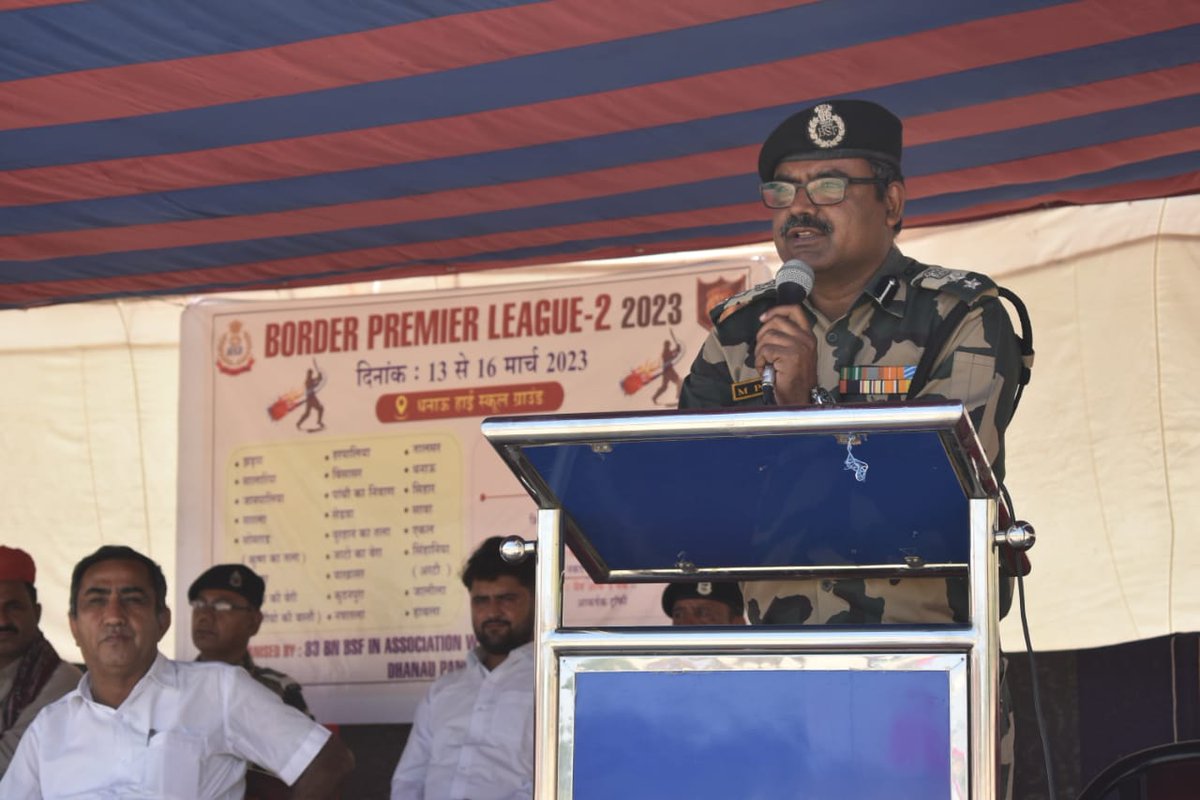 BSF_Gujarat's tweet photo. Under the Civic Action Programme, a cricket tournament (Border Premier League -2) is being conducted by @BSF_Gujarat 83 Bn from 13th Mar to 16th March 2023 at Village Dhanau #Barmer. Comdt 83 Bn inaugurated the tournament in the presence of civil notables and villagers. https://t.co/ZwcU4pZZ1Q