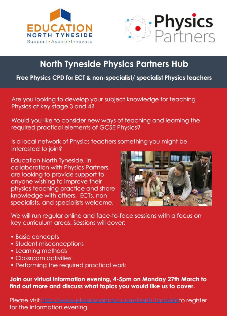 educationnortht's tweet photo. Do you teach Physics? Whether you are an ECT, specialist or non-specialist, would you like to develop subject knowledge? We have teamed up with @PhysicsPartners to offer local CPD and support. Come along to our information session on 27th March - book at https://t.co/dEOFyjXddk https://t.co/5z0TMUsRzn