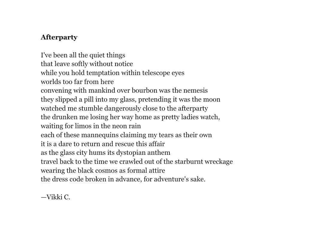 'I've been all the quiet things
that leave softly without notice...'

'Afterparty'

#vss365 (adventure) #poetry #speculativepoetry #WritingCommunity #amwriting