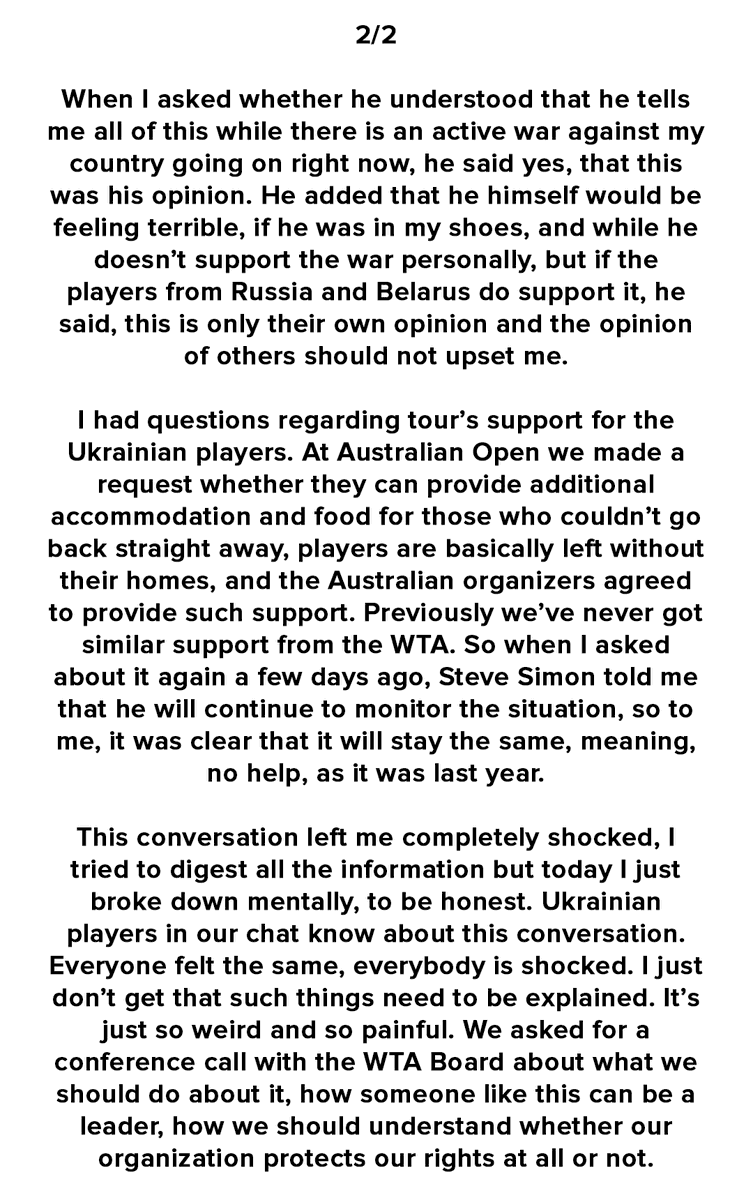 Lesia Tsurenko told us she felt mentally bad for a few days and had a mental breakdown 'after all the things I’ve heard. It was a panic attack, I had trouble breathing. A few days ago I had a conversation with Steve Simon, I was absolutely shocked by what I heard from him' 👇