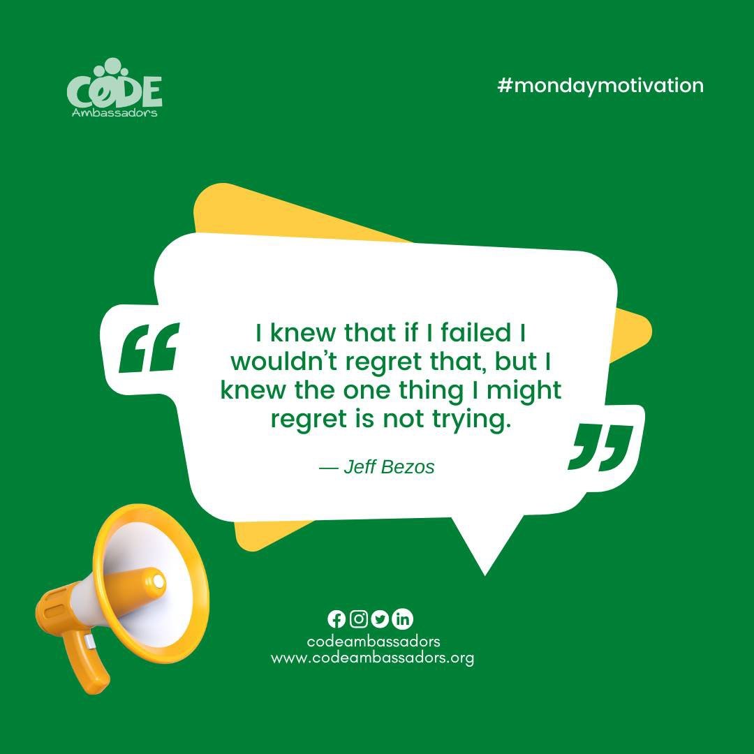 codeambassadors's tweet image. #MondayMotivation💪🏾

“I knew that if I failed I wouldn&apos;t regret that, but I knew the one thing I might regret is not trying.&quot; - Jeff Bezos
.
.
.
.
#codeambassadors
#privatecodinglessons
#weekendcodingclass #codingbootcamp #codingforbeginners
