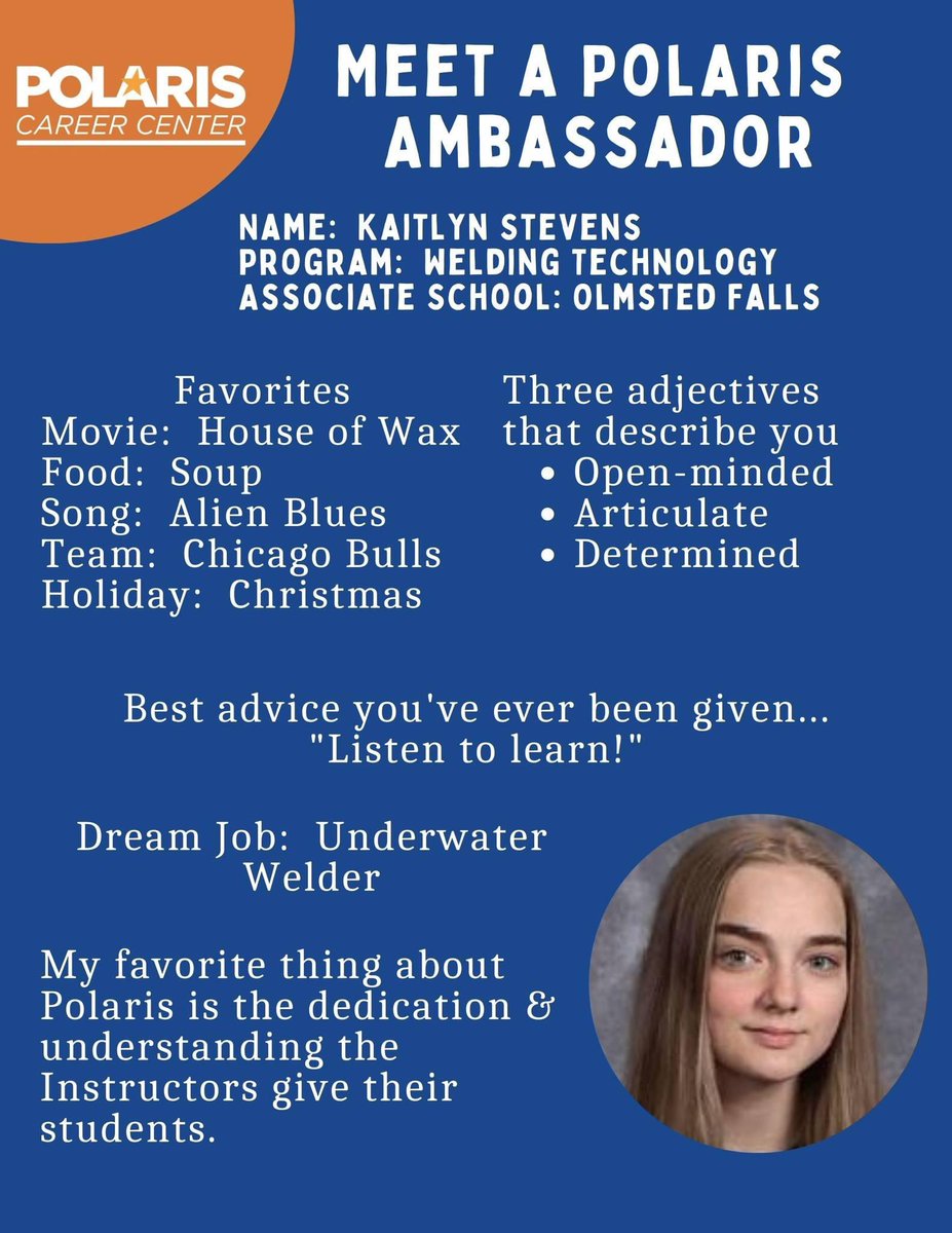 Meet Kaitlyn Stevens from the Polaris Welding Technology 🥽 program and @OFalls_Bulldogs. She's next in our 'Meet a Polaris Ambassador' series.