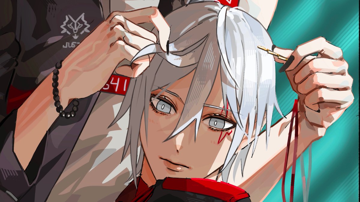 grey eyes white hair white eyes bracelet jewelry male focus hair between eyes  illustration images