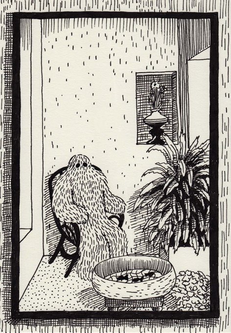 モジャモジャは亡くなったおじいちゃんです。
夢の中のおじいちゃんと私を交互に描いた104枚の連作です。 