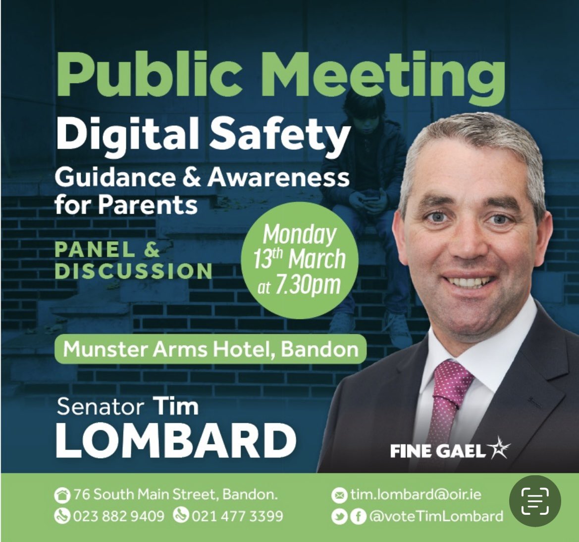🔇🔇❗️❗️ A Very Important meeting taking place this evening in The Munster Arms Hotel Bandon on Digital Safety .It harm for us to try and understand more the technological world we are now living in and to all the hazards our children are exposed.❗️❗️🔇🔇#senatortimlombard