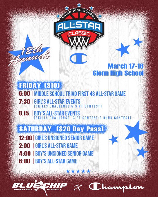 Triad All-Star Classic (@triadallstar) on Twitter photo 🗣️It’s <a href="/TriadAllStar/">Triad All-Star Classic</a> WEEK‼️‼️
Monday - West Team Practices
Thursday - East Team Practices
Friday - <a href="/TriadAllstar/">Triad All-Star Classic</a> Skills Challenge, 3Point Shootout & Dunk Contest
Saturday - The BEST PLAYERS in the #TRIAD battle.. EAST 🆚 WEST 🗣️It’s <a href="/TriadAllStar/">Triad All-Star Classic</a> WEEK‼️‼️
Monday - West Team Practices
Thursday - East Team Practices
Friday - <a href="/TriadAllstar/">Triad All-Star Classic</a> Skills Challenge, 3Point Shootout & Dunk Contest
Saturday - The BEST PLAYERS in the #TRIAD battle.. EAST 🆚 WEST