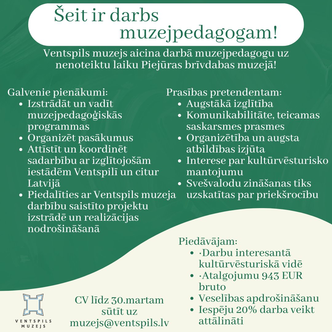 ‼️Ventspils muzejs aicina savam kolektīvam pievienoties MUZEJPEDAGOGU Piejūras brīvdabas muzejā uz nenoteiktu laiku!
✅Vairāk informācijas: 29188288 vai solvita.udre@ventspils.lv.
#teirdarbs
#vakances
