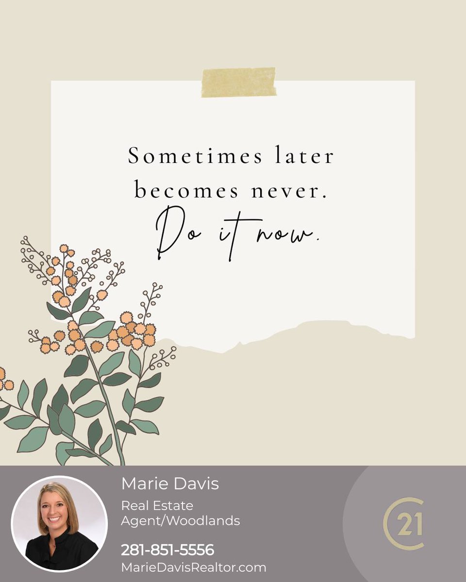mariedavishomes's tweet photo. We have the tendency to put off things that are out of our comfort zone. What goals are you ready to get started on now?
#doitnownotlater #doitnow #realestateprofessional #realestatetips #realtor4life #HousingMarket #SingleFamilyHome #realestateexpert #realestate #HoustonTx https://t.co/3iOXXNMCpd