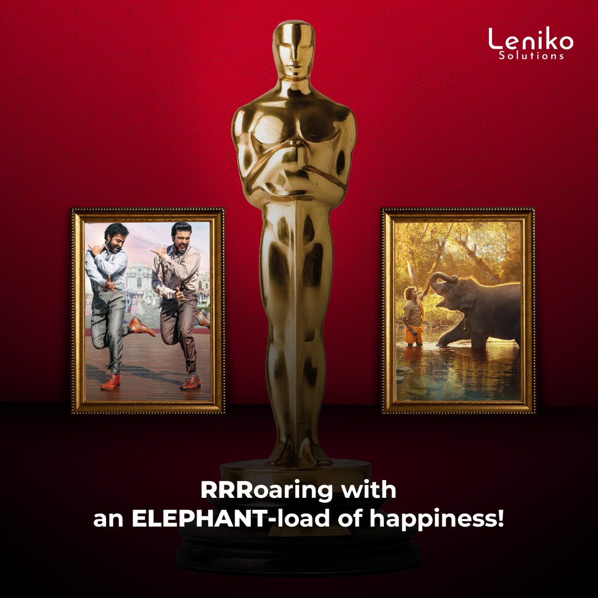 LenikoSolutions's tweet photo. OscaRRR!!
India is proud and happy about this grand achievement. 
Congratualtions to team #RRR (@mmkeeravani @boselyricist ) and team  #TheElephantWhisperers (@kartikigonsalves @guneetmonga @sikhya)
#oscar2023 #RRR  #theacademyawards #lenikosolutions #TheElephantWhisperers https://t.co/3Lv0BEdUzV