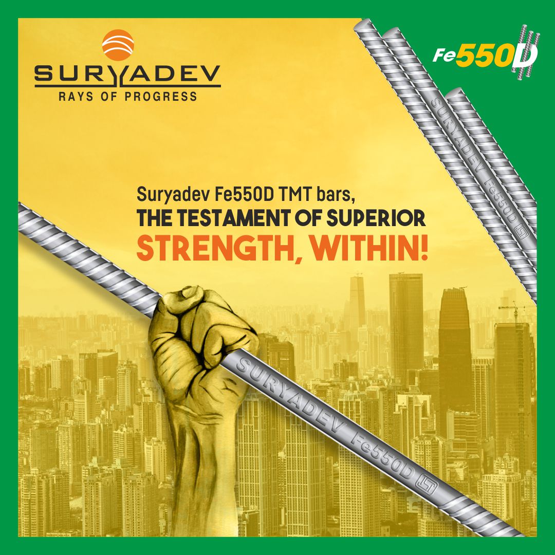 #Suryadev Fe550D #TMTbars is the testament of strength for infrastructure. Crafted using advanced Thermex technology, Suryadev Fe550D TMT bars possess a hard exterior surface of Tempered Martensite which augments the #superiorstrength and structural integrity of the #buildings.