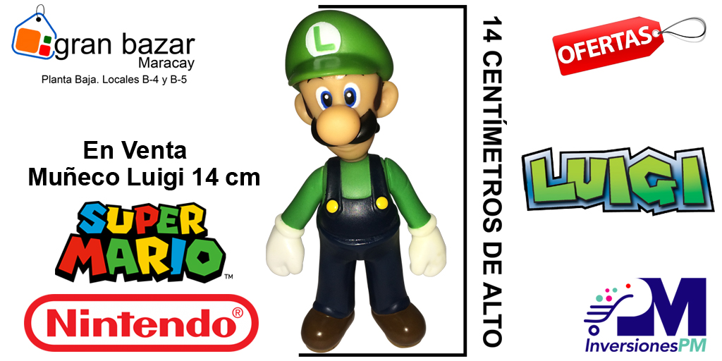 Muñeco Luigi de Super Mario y Nintendo. Tamaño de 14 cm. Material de Calidad...