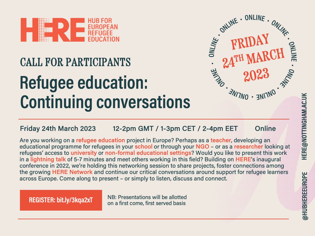 @hubHEREeurope are looking for researchers working on #RefugeeEducation projects in Europe to share their work on 24 March at the 'continuing conversations' online networking event. 

Please state you'd like to present when registering.
bit.ly/3kqa2xT