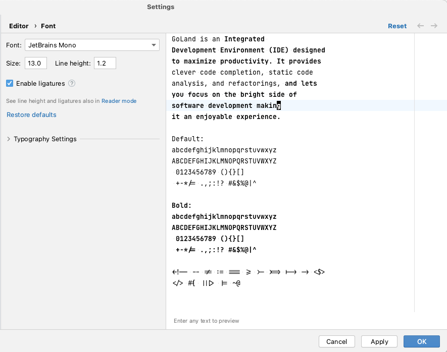 andrei_menkou's tweet photo. @jetbrains Your recommended settings for JetBrains Mono font are 13 size and 1.2 line height.
However, the font looks better at size 14 and only height increases a little bit, width stays the same.
I see the same behaviour with Fira Code 14 vs 15 size. Is it normal? @nikitonsky https://t.co/BPHsgb892D