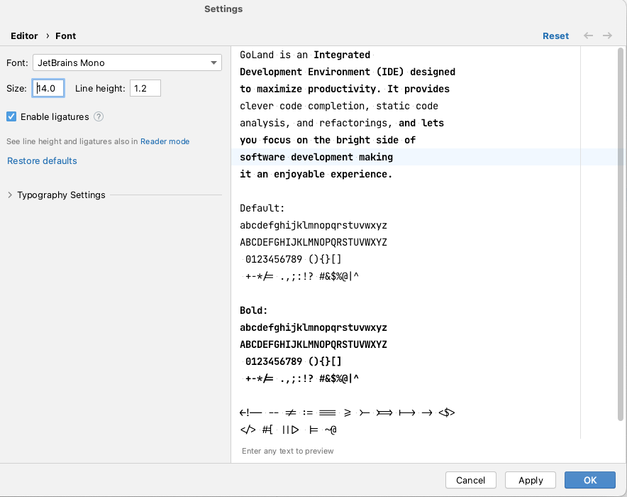 andrei_menkou's tweet photo. @jetbrains Your recommended settings for JetBrains Mono font are 13 size and 1.2 line height.
However, the font looks better at size 14 and only height increases a little bit, width stays the same.
I see the same behaviour with Fira Code 14 vs 15 size. Is it normal? @nikitonsky https://t.co/BPHsgb892D