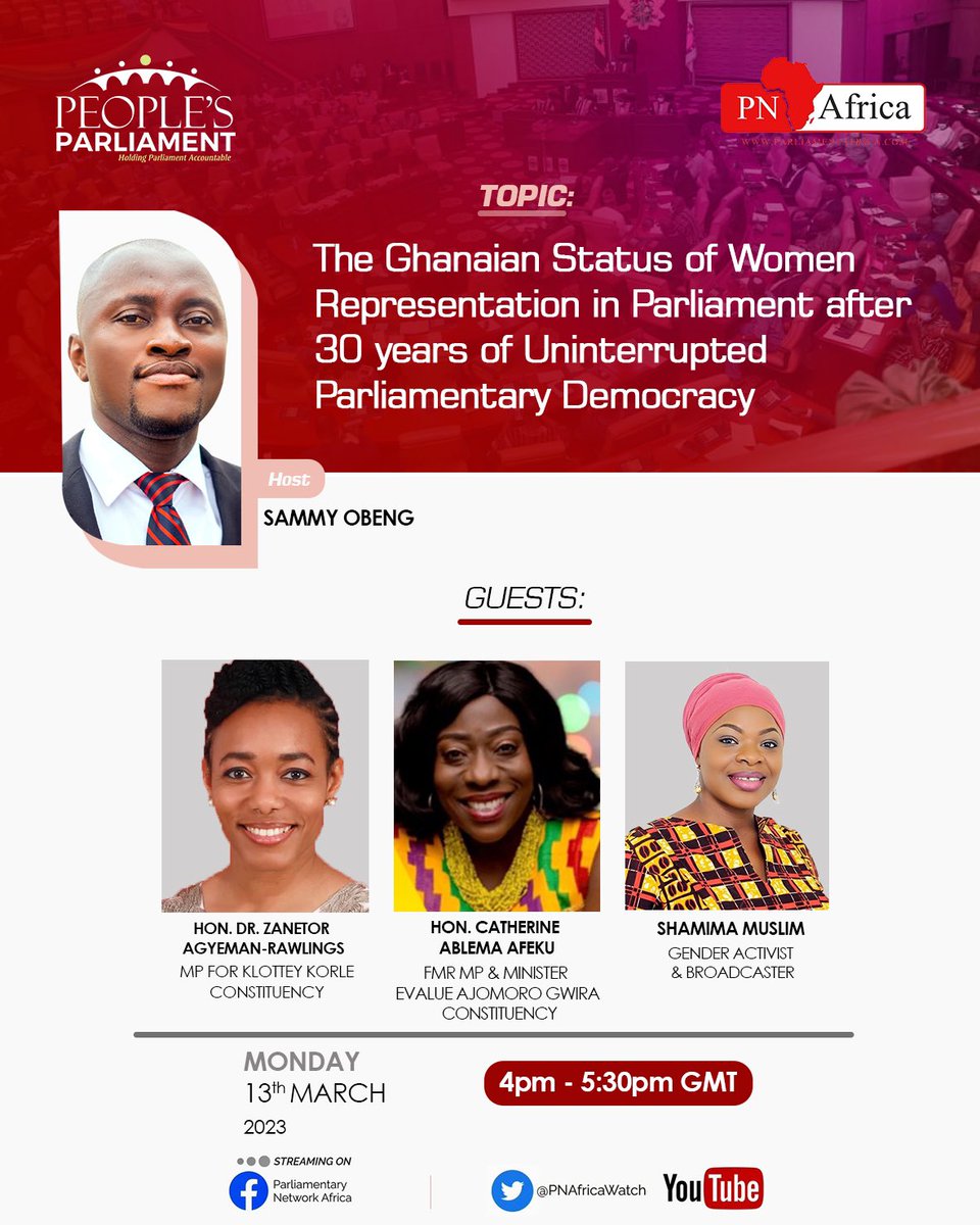 Sammy Obeng (@sammyobeng) on Twitter photo As part of <a href="/PNAfricawatch/">Parliamentary Network Africa</a> ‘Gender Advocacy to Parliament’ initiatives, we focus this week’s episode of the People’s Parliament broadcast on Women in Parliament. Like our Facebook Page on the link below for notification at 4pm GMT today when we go live👇🏾
facebook.com/PNAfricaWatch As part of <a href="/PNAfricawatch/">Parliamentary Network Africa</a> ‘Gender Advocacy to Parliament’ initiatives, we focus this week’s episode of the People’s Parliament broadcast on Women in Parliament. Like our Facebook Page on the link below for notification at 4pm GMT today when we go live👇🏾
facebook.com/PNAfricaWatch