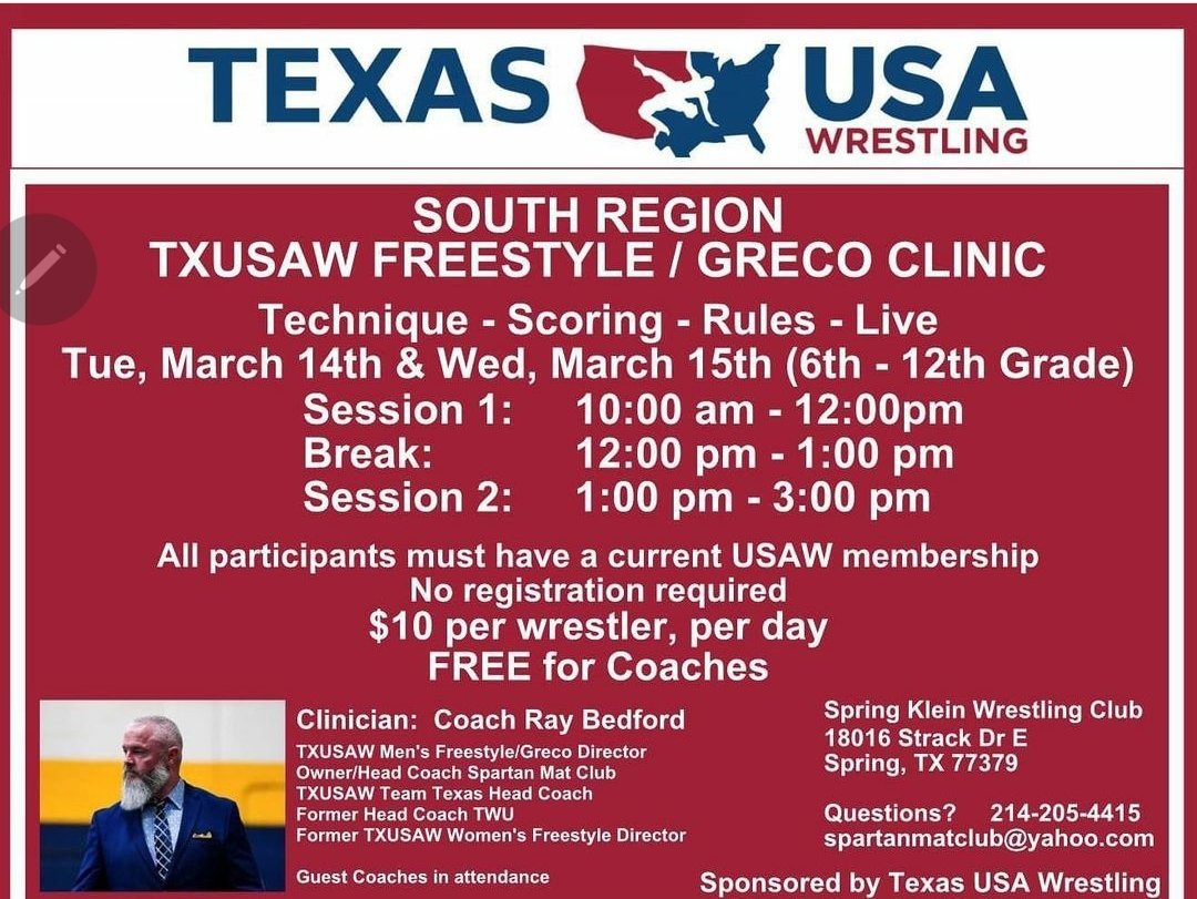 WrestlingSk's tweet photo. 🚨🚨🚨Coming up this week!! Freestyle / Greco clinic with Coach Ray Bedford. Hope to see you here!!#springkleinwrestling🐯 #TexasWrestling #FreestyleWrestling #GrecoWrestling https://t.co/r4MVhxuSl7
