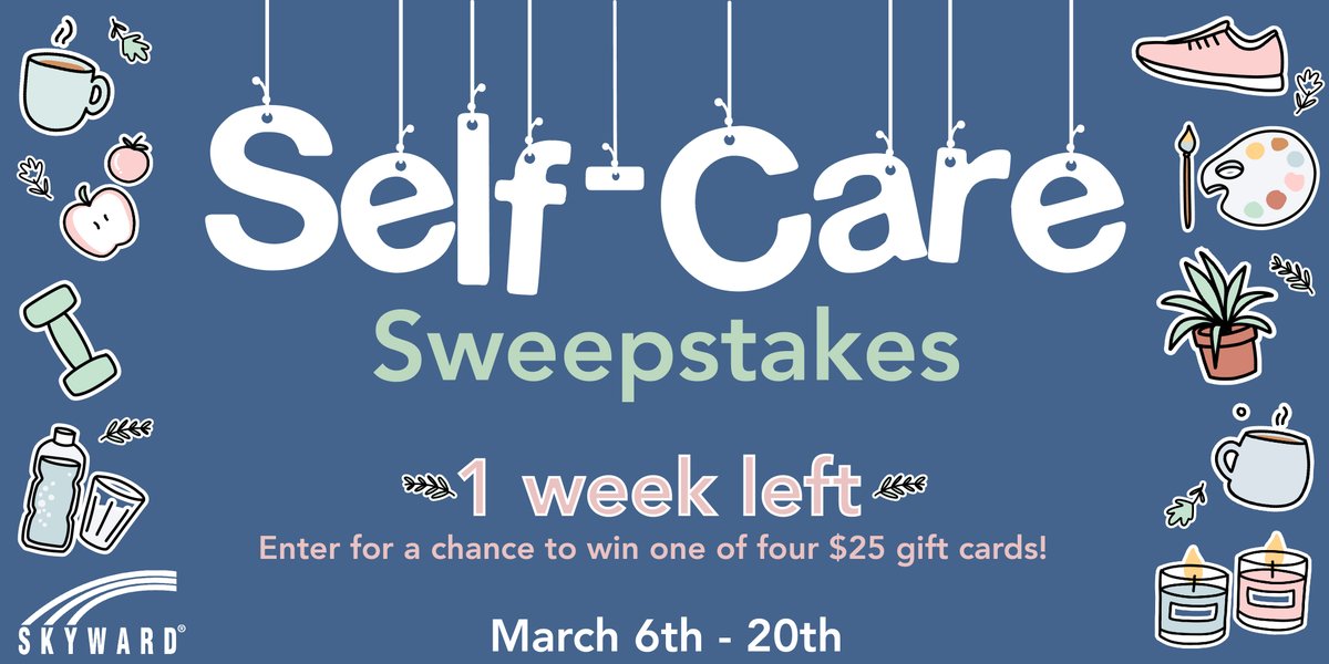 There's just ⭐ONE WEEK LEFT⭐ to enter our Self-Care Sweepstakes!

#Educators, #administrators, and #schoolstaff members, enter by March 20th for a chance to win one of four $25 Starbucks gift cards.☕

View our pinned tweet here to see details and enter: ow.ly/w0Wk50NfjSS