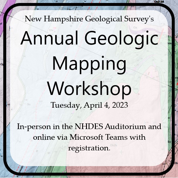 NHDES's tweet image. You are invited to NHGS' Annual Geologic Mapping Workshop! Registration is required, please email Rebecca.M.LeCain@des.nh.gov for more information. #nhgeologicalsurvey #geologicmapping