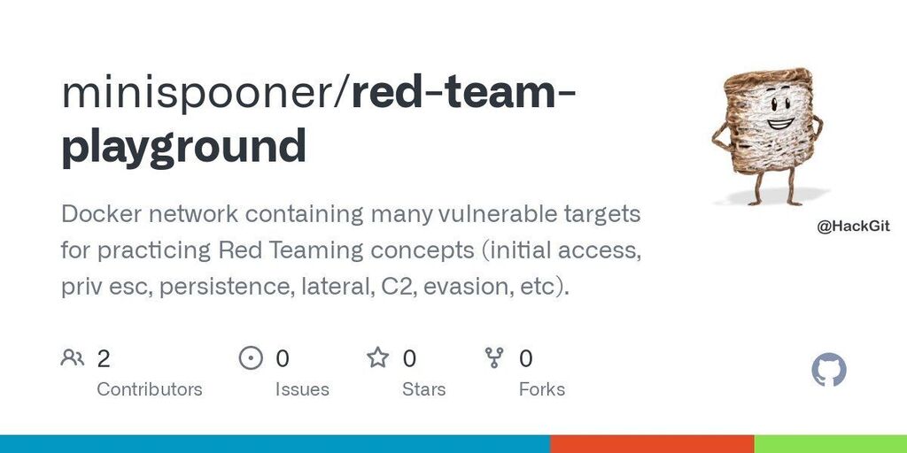 hack_git's tweet image. Red Team Playground

The Red Team Playground is a #Dockerized vulnerable testing lab for learning and practicing #RedTeam concepts.

Docker network containing many vulnerable targets for practicing Red Teaming concepts (initial access, priv esc, persis… t.me/hackgit/7878