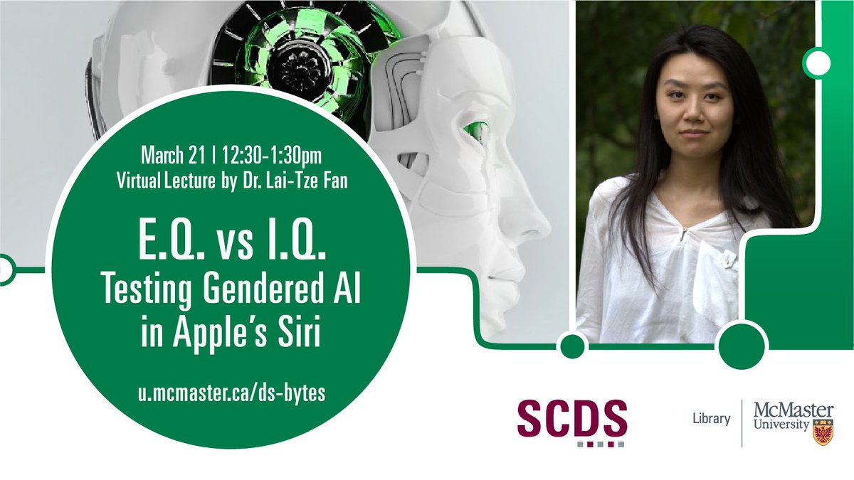 macscds's tweet photo. 🤖🖥️ Virtual Lecture | March 21 

Have you noticed that AI assistants like Siri and Alexa tend to be voiced by women? 

This is no coincidence. Learn why at Dr. Lai-Tze Fan's virtual lecture.

All are welcome! Register for @lychee_fan's talk: https://t.co/AOTyuHr6yo https://t.co/uLcgDlnu6L
