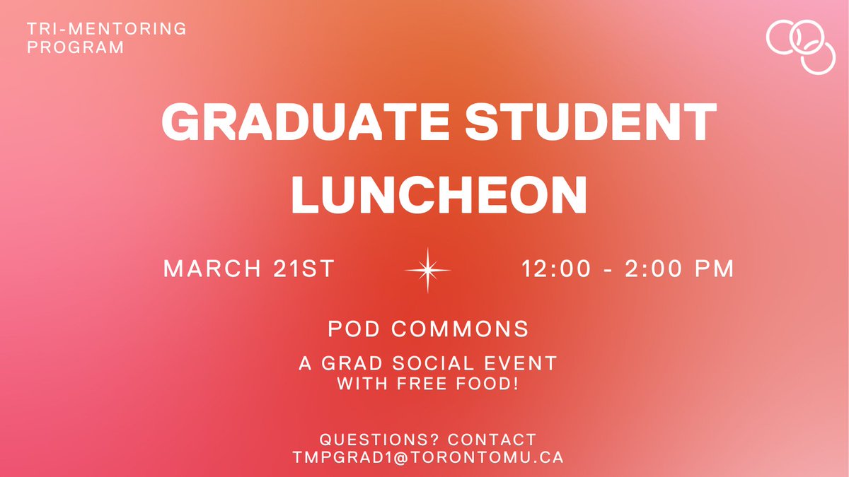 TMUgraduate's tweet image. Register now! Don’t miss the last @trimentoring event of the semester next Tues., March 21. Enjoy a delicious free lunch, relax and connect with your peers. Vegan, vegetarian and gluten-free options provided: bit.ly/3T3qEZ5