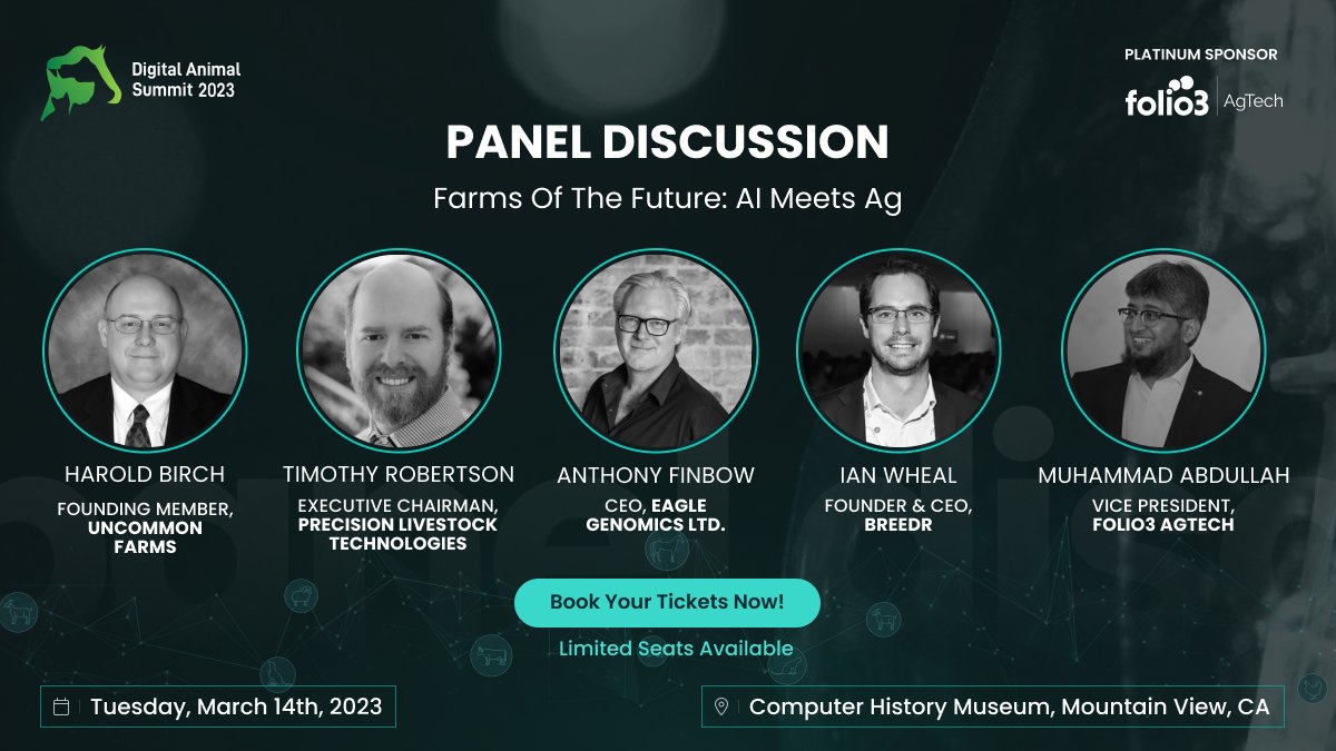 Join us at #DAS2023, for an insightful panel discussion! #UnCommonFarms, <a href="/PLT_livestock/">precisionlivestocktech</a>, #TLRVentures, <a href="/eaglegen/">Eagle Genomics</a>, <a href="/_Breedr/">Breedr</a>, <a href="/F3AgTech/">Folio3 AgTech</a>
Date: March 14th &amp; Venue: <a href="/ComputerHistory/">Computer History Museum</a>. Book your tickets now! bit.ly/3YHDr4G #DAS #AgTech #AnimalCare #Technology #AgriTech #DAS