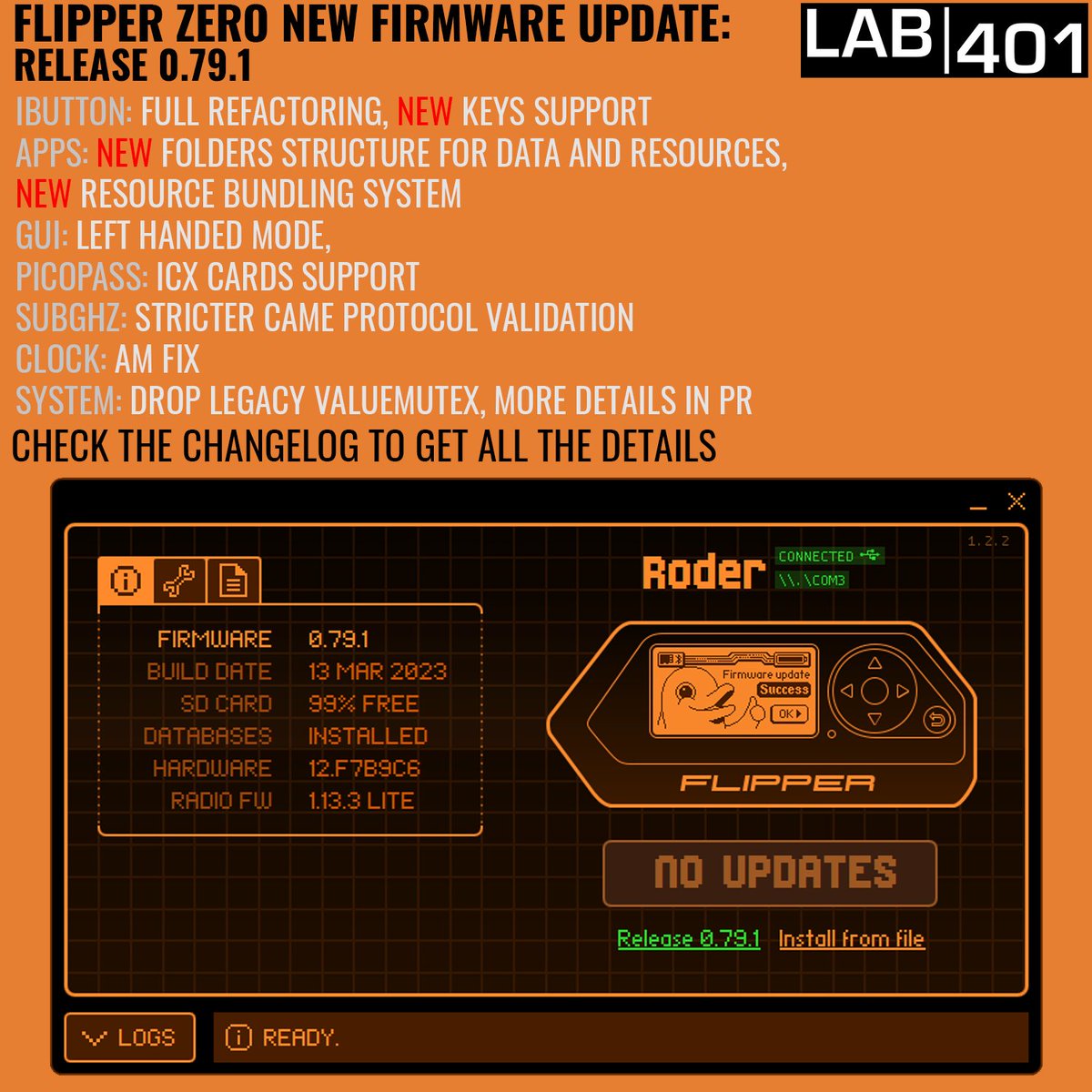 Lab_401's tweet image. 🚨 New firmware alert! Flipper Zero's v0.79.1 is here! Left-handed mode, iCx card support, bug fixes, and improvements to iButton, Apps, Picopass, Recovery, Infrared, SubGHz, Clock, Archive, and NFC. Update now for a better experience! #FlipperZero #FirmwareUpdate #lab401 #Tech
