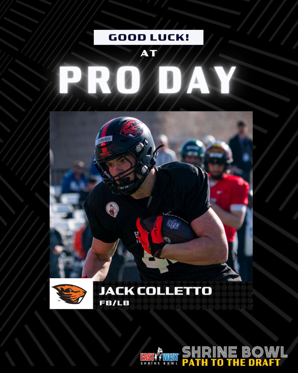 East-West Shrine Bowl (@shrinebowl) on Twitter photo Good luck to Shrine Bowl alum Jack Colletto (<a href="/Jackcolletto/">Jack Colletto</a>) today at <a href="/BeaverFootball/">Oregon State Football</a> Pro Day! #GoBeavs
#ShrineBowl #PathToTheDraft Good luck to Shrine Bowl alum Jack Colletto (<a href="/Jackcolletto/">Jack Colletto</a>) today at <a href="/BeaverFootball/">Oregon State Football</a> Pro Day! #GoBeavs
#ShrineBowl #PathToTheDraft