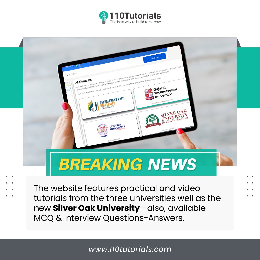 110tutorialscom's tweet image. Happy news for Silver Oak University
.
.
#laraveldeveloper #interviewquestion #ganpatuniversity🎓 #gu #technology #computerprogramming #education #SankalchandPatelUniversity #spu #ITstudent #machinelearning #php #dbms #datastructure # #ganpat #sankalchandpateluniversity