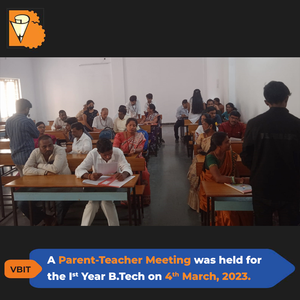 VBITHYD's tweet photo. A Parent Teacher Meeting was held for the I BTech I Sem students on Saturday 4th March 2023
#VBIT #PTM #IBTech #ParentTeacherMeeting #ClassTeachers #Presentations #Teachers #Mentors #Academic #IETE #Sowparnika #PosterPresentations #Event #TopMbaCollegesInTelangana #BestEngineer https://t.co/y72W9w0Fgl