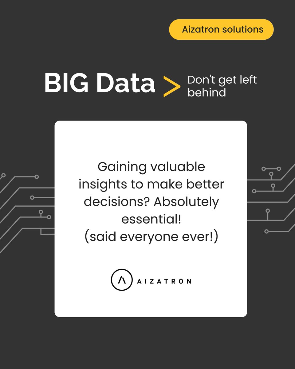 Unlock the potential of big data &amp; your organisation can gain customer insights, save costs, create personalised experiences, uncover new opportunities, make better predictions, improve product quality &amp; stay ahead of the competition!
#Aizatron #BigData #InformedDecisions