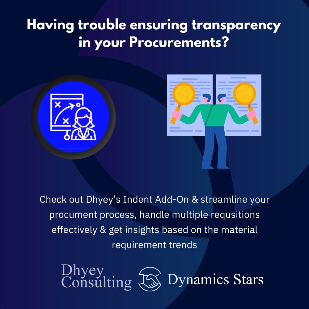 When it comes to Procurement, do you ever wonder how to ensure Transparency? Take Advantage of Dhyey's Indent Add-On &amp; get the most out of it

For more details, you can write to us at enquiry@dhyey.com

#DhyeyConsulting #DynamicsStars #Dhyeyaddons #Indent #purchaserequsition