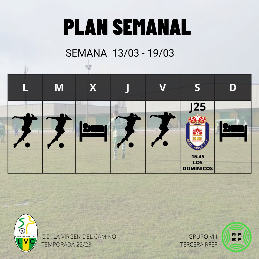 🌤️ Buenos días. 

Comienza una nueva semana con ganas de retomar la senda de la victoria y sumar tres puntos. 

🏡 El sábado recibimos al <a href="/RealAvilaCF/">Real Ávila CF</a> para disputar la jornada 25 de liga. 

#VamosVerdes💚🤍 | #JuntosHacemosElCamino | #LaVirgenRealÁvila