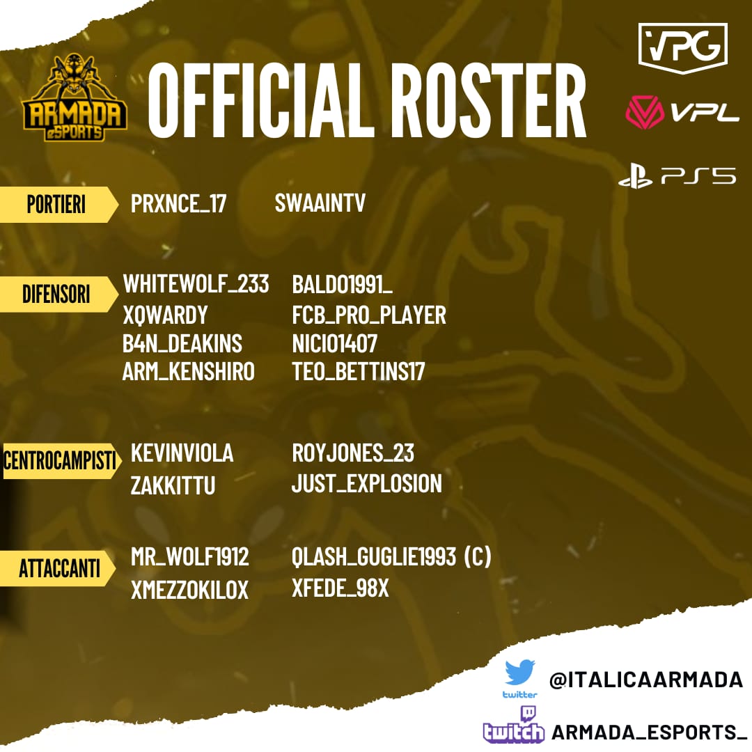 Italica Armada (@italicaarmada) on Twitter photo Presentiamo la nostra rosa valida per la seconda stagione di <a href="/VPGItaly/">VPG Italy ๐ฎ๐น</a> e <a href="/VPLItaly/">VPL Italy ๐ฎ๐น</a>.
#GoArmada ๐ค๐๐ท๐ธ Presentiamo la nostra rosa valida per la seconda stagione di <a href="/VPGItaly/">VPG Italy ๐ฎ๐น</a> e <a href="/VPLItaly/">VPL Italy ๐ฎ๐น</a>.
#GoArmada ๐ค๐๐ท๐ธ
